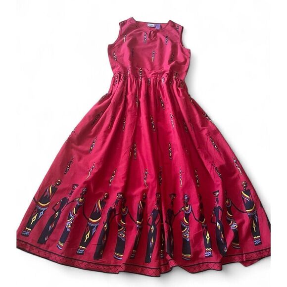 PREMIER INTERNATIONAL Cotton Red Vintage Maxi African print Dress Excellent Cond - Picture 1 of 7